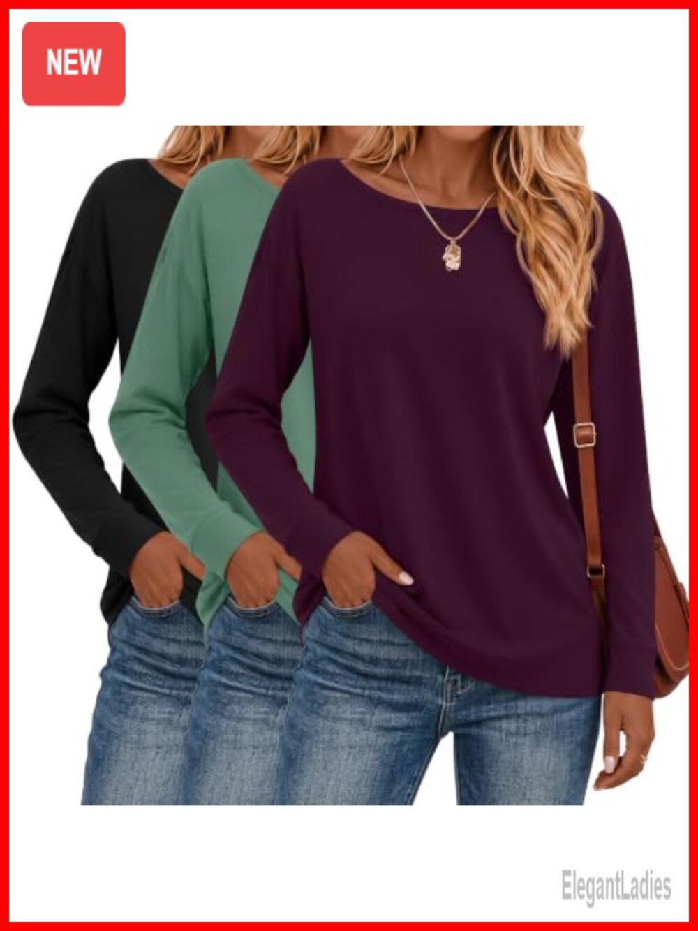 Women's Long Sleeve Boat Neck Tops 3 Pack Cotton Blend Loose Fit